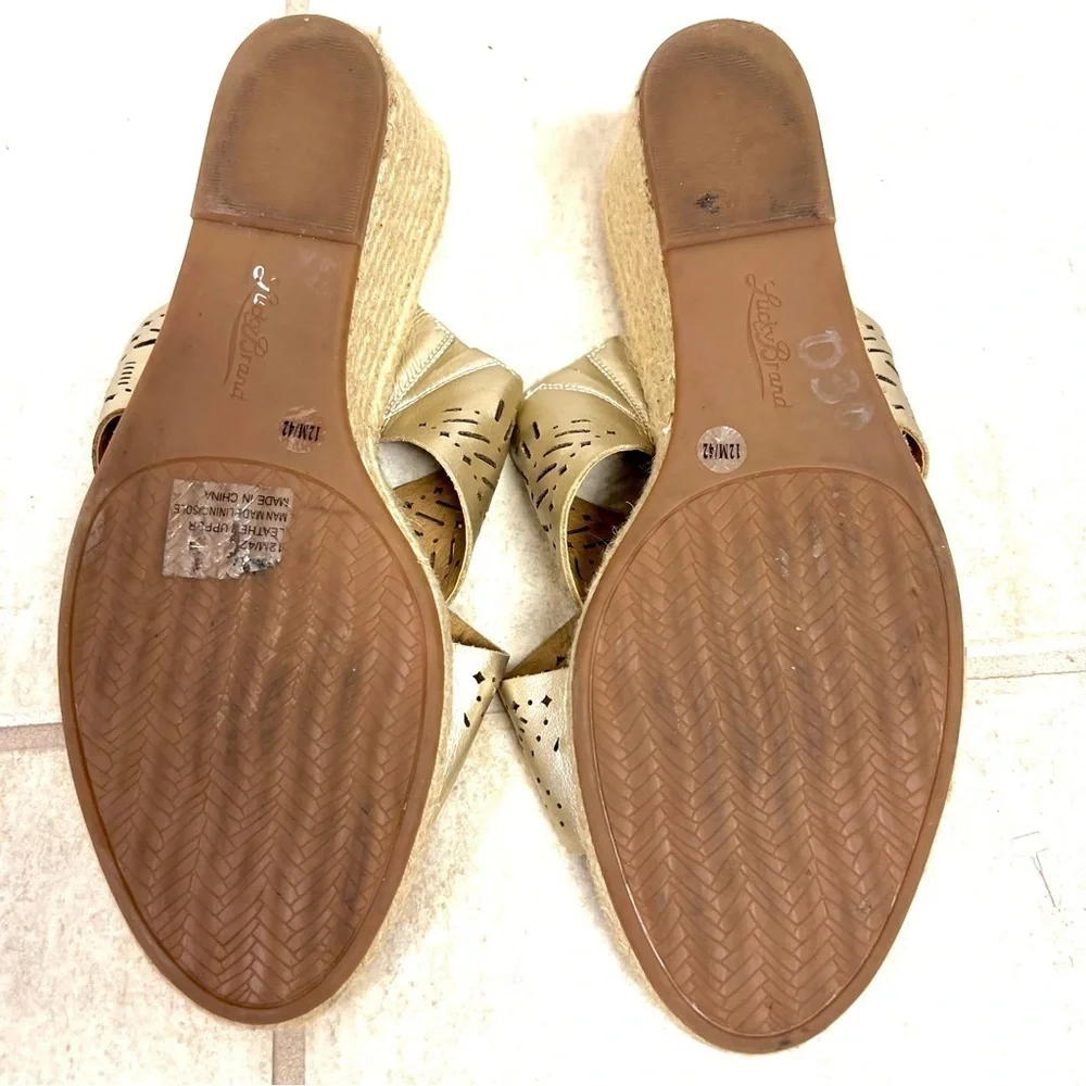 Lucky Brand KEELA Women’s Gold Leather Espadrille Wedge Sandals - Size 12M Boho